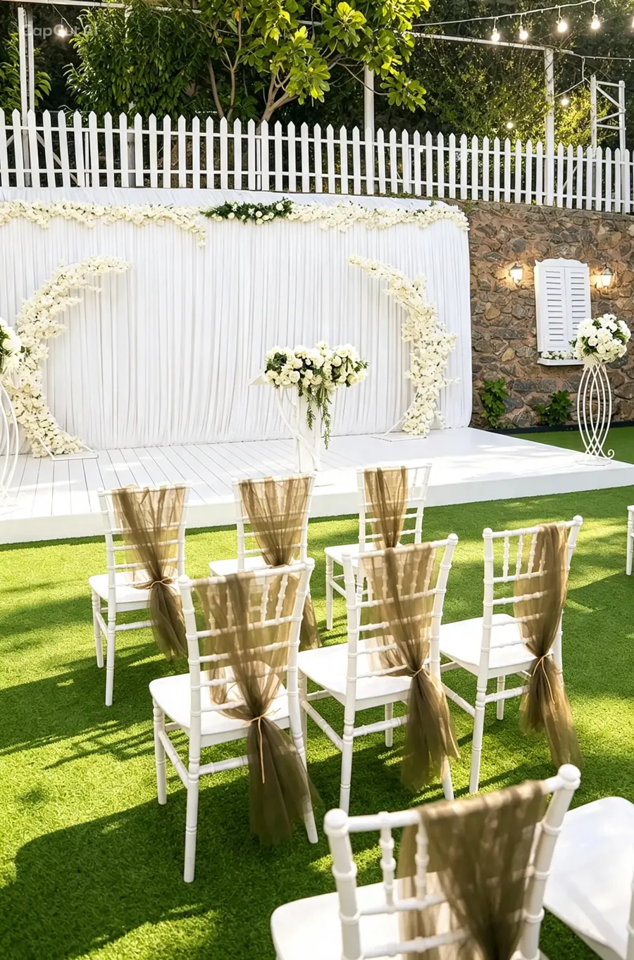 Garden Bella’da gün ışığında nikah alanı ve ahşap gelin yolu